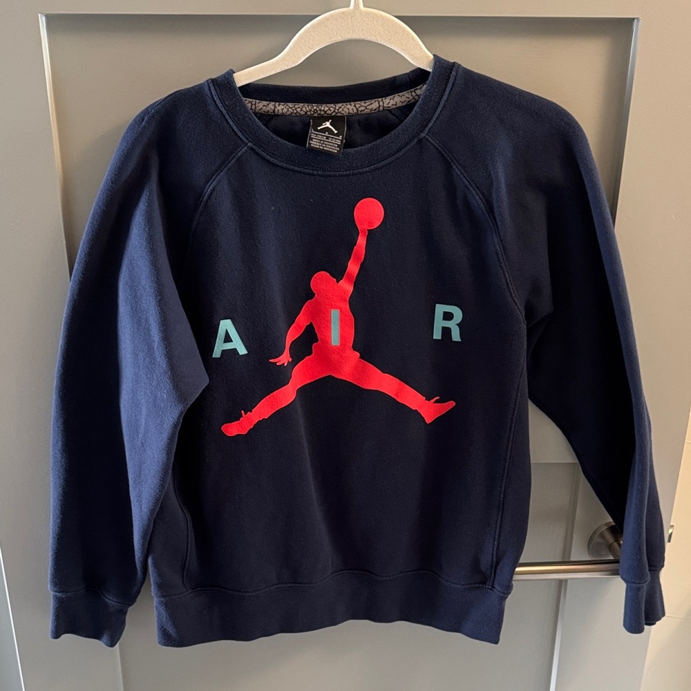 JORDAN Navy Blue Sweatshirt with Neon Red Logo - Youth L